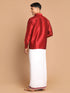 Vastramay Men's Maroon Silk Blend Shirt And Mundu Set