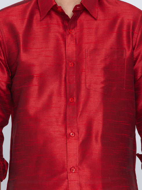 Vastramay Men's Maroon Cotton Silk Blend Shirt with Dhoti