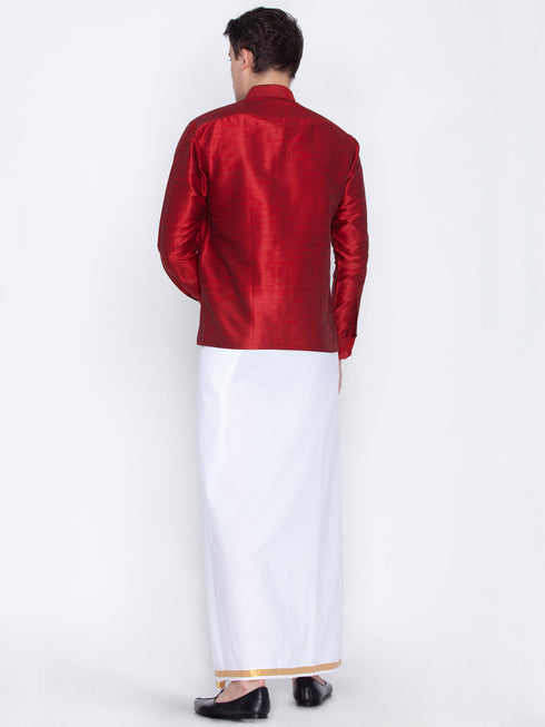 Vastramay Men's Maroon Cotton Silk Blend Shirt with Dhoti