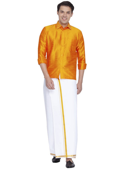 Vastramay Men's Orange Cotton Silk Blend Shirt and Mundu Set