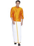 Vastramay Men's Orange Cotton Silk Blend Shirt and Mundu Set