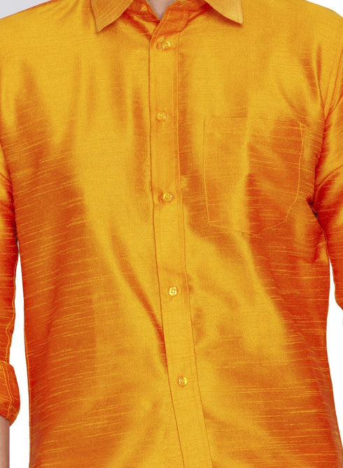 Vastramay Men's Orange Cotton Silk Blend Shirt and Mundu Set