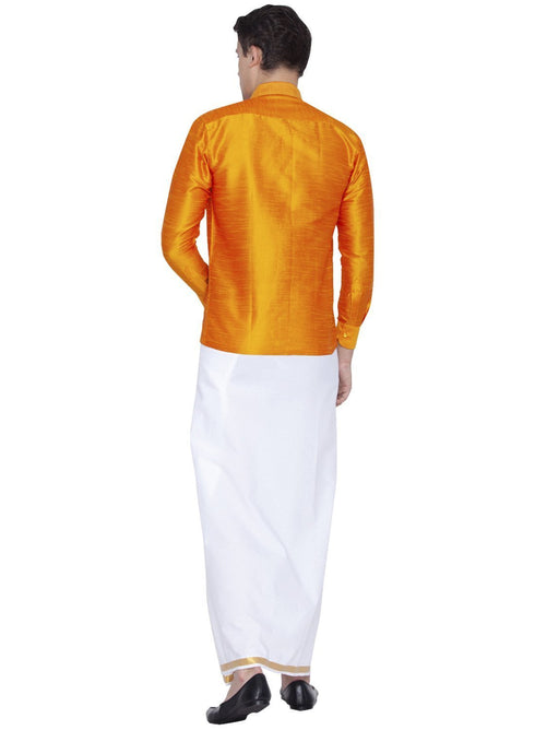 Vastramay Men's Orange Cotton Silk Blend Shirt and Mundu Set