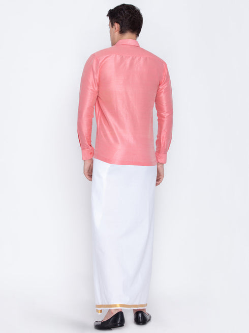 Vastramay Men's Pink Cotton Silk Blend Shirt and Mundu Set