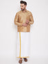 Vastramay Men's Rose Gold & White Silk Blend Shirt And Mundu Set