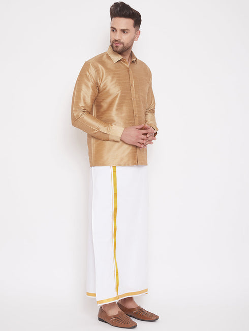 Vastramay Men's Rose Gold & White Silk Blend Shirt And Mundu Set