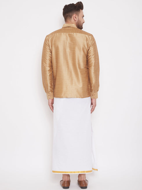 Vastramay Men's Rose Gold & White Silk Blend Shirt And Mundu Set