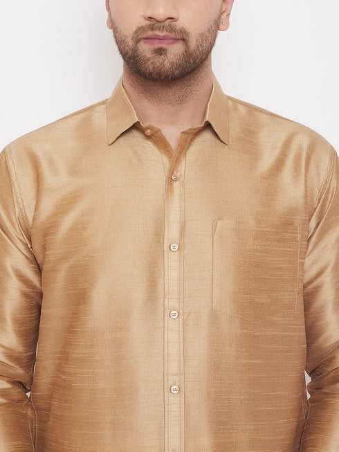 Vastramay Men's Rose Gold & White Silk Blend Shirt And Mundu Set