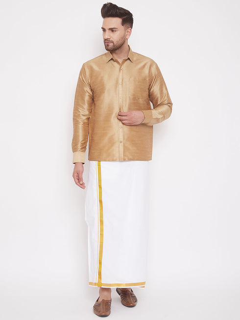 Vastramay Men's Rose Gold & White Silk Blend Shirt And Mundu Set