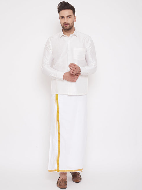 Vastramay Men's White Silk Blend Shirt And Mundu Set