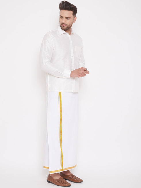 Vastramay Men's White Silk Blend Shirt And Mundu Set