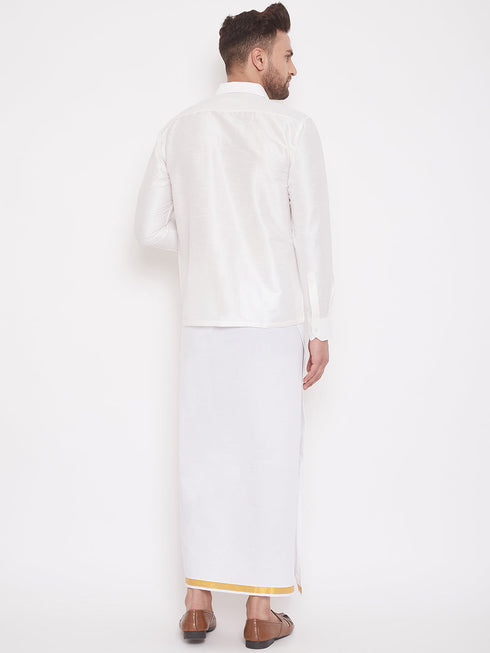 Vastramay Men's White Silk Blend Shirt And Mundu Set