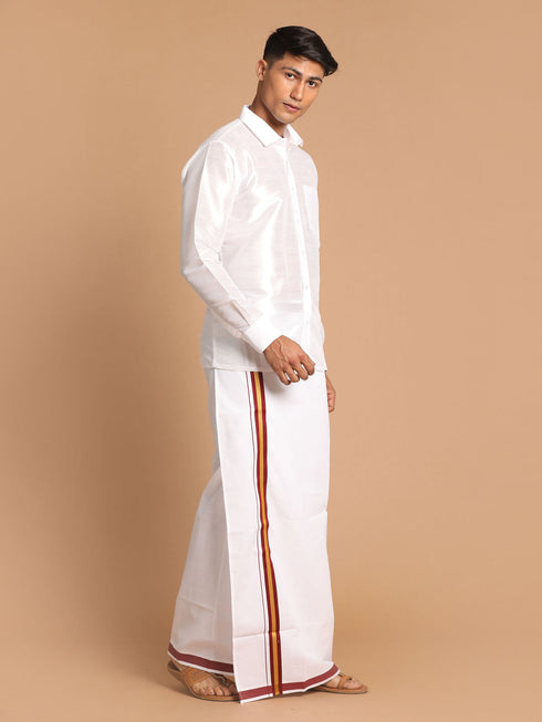 Vastramay Men's White Silk Blend Shirt And Mundu Set