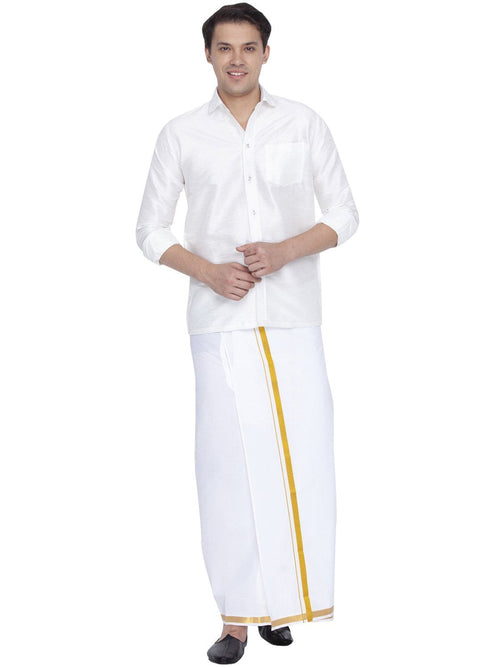Vastramay Men's White Cotton Silk Blend Shirt and Dhoti Set