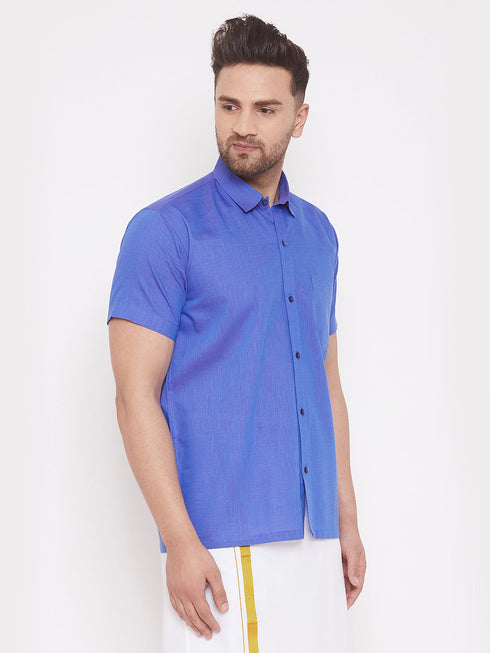Vastramay Men's Blue Cotton Blend Ethnic Shirt