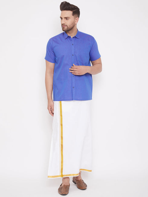 Vastramay Men's Blue and White Cotton Blend Shirt And Mundu Set