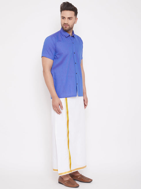 Vastramay Men's Blue and White Cotton Blend Shirt And Mundu Set