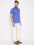 Vastramay Men's Blue and White Cotton Blend Shirt And Mundu Set