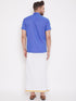 Vastramay Men's Blue and White Cotton Blend Shirt And Mundu Set