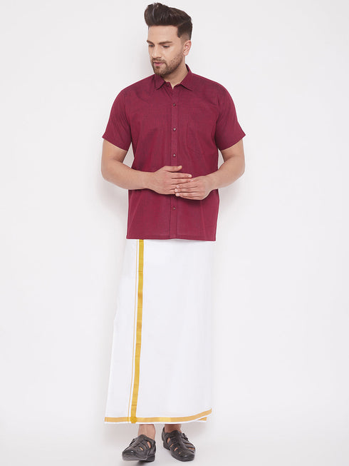 Vastramay Men's Maroon and White Cotton Blend Shirt And Mundu Set