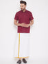 Vastramay Men's Maroon and White Cotton Blend Shirt And Mundu Set