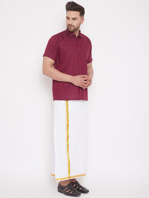 Vastramay Men's Maroon and White Cotton Blend Shirt And Mundu Set