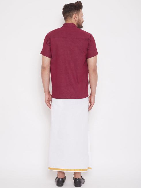 Vastramay Men's Maroon and White Cotton Blend Shirt And Mundu Set