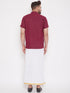 Vastramay Men's Maroon and White Cotton Blend Shirt And Mundu Set