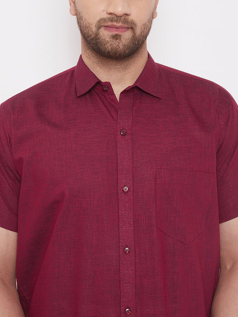 Vastramay Men's Maroon and White Cotton Blend Shirt And Mundu Set