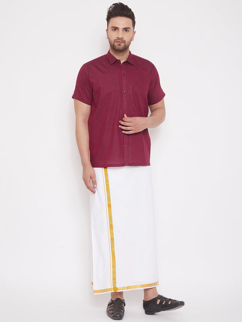 Vastramay Men's Maroon and White Cotton Blend Shirt And Mundu Set
