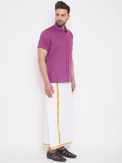 Vastramay Men's Pink and White Cotton Blend Shirt And Mundu Set