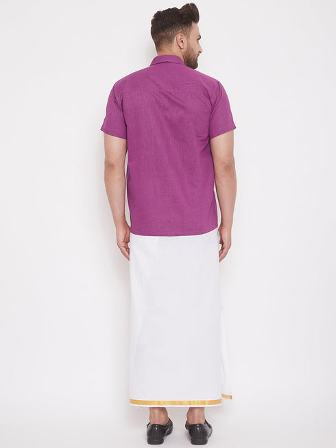 Vastramay Men's Pink and White Cotton Blend Shirt And Mundu Set