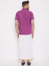 Vastramay Men's Pink and White Cotton Blend Shirt And Mundu Set