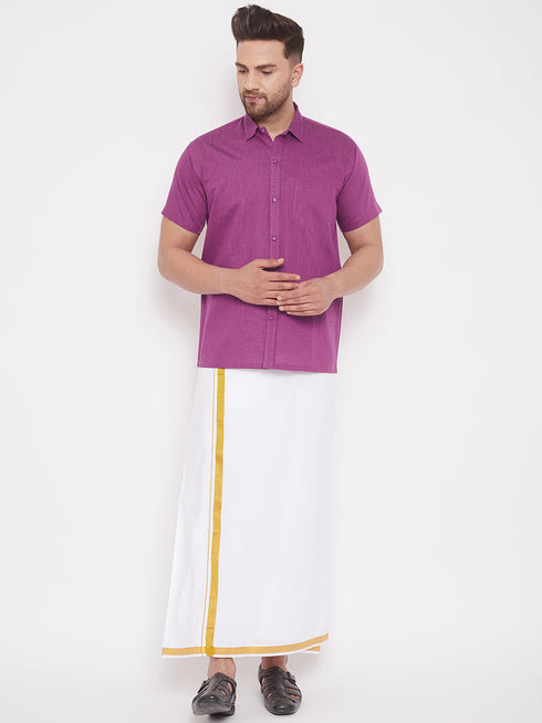 Vastramay Men's Pink and White Cotton Blend Shirt And Mundu Set