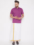Vastramay Men's Pink and White Cotton Blend Shirt And Mundu Set