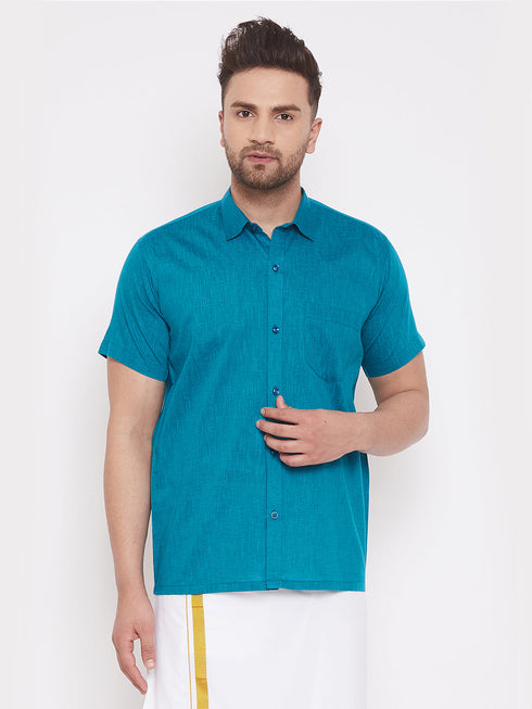 Vastramay Men's Turquoise Cotton Blend Ethnic Shirt