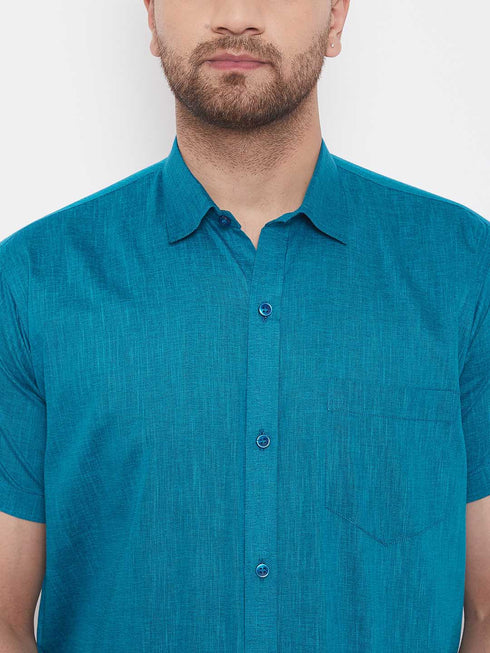 Vastramay Men's Turquoise Cotton Blend Ethnic Shirt