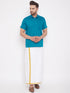 Vastramay Men's Turquoise and White Cotton Blend Shirt And Mundu Set