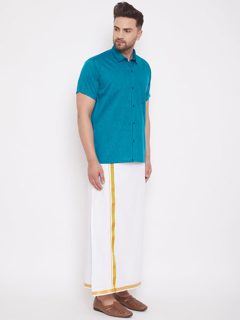 Vastramay Men's Turquoise and White Cotton Blend Shirt And Mundu Set