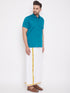 Vastramay Men's Turquoise and White Cotton Blend Shirt And Mundu Set