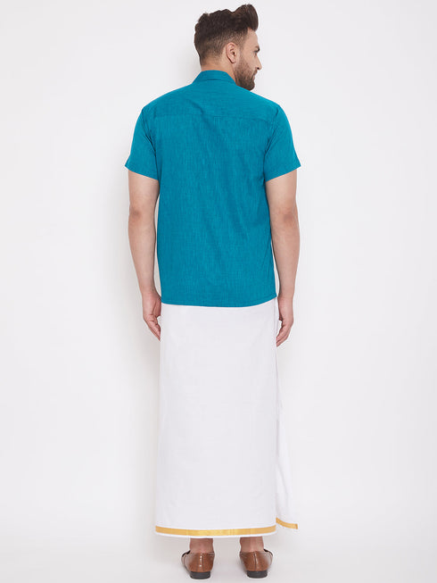 Vastramay Men's Turquoise and White Cotton Blend Shirt And Mundu Set