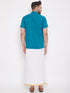 Vastramay Men's Turquoise and White Cotton Blend Shirt And Mundu Set
