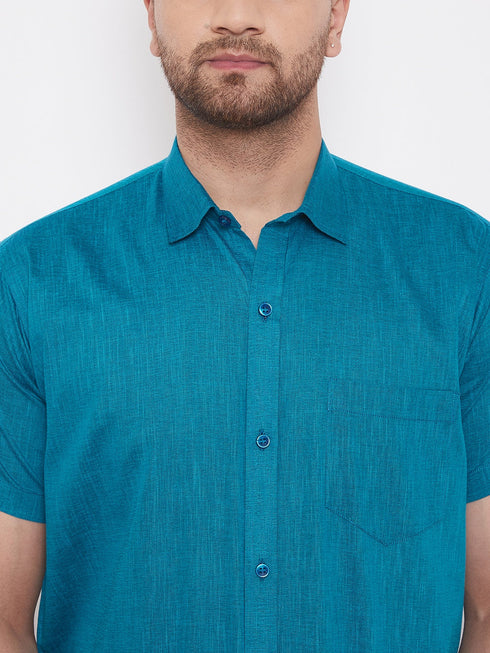 Vastramay Men's Turquoise and White Cotton Blend Shirt And Mundu Set