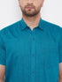 Vastramay Men's Turquoise and White Cotton Blend Shirt And Mundu Set