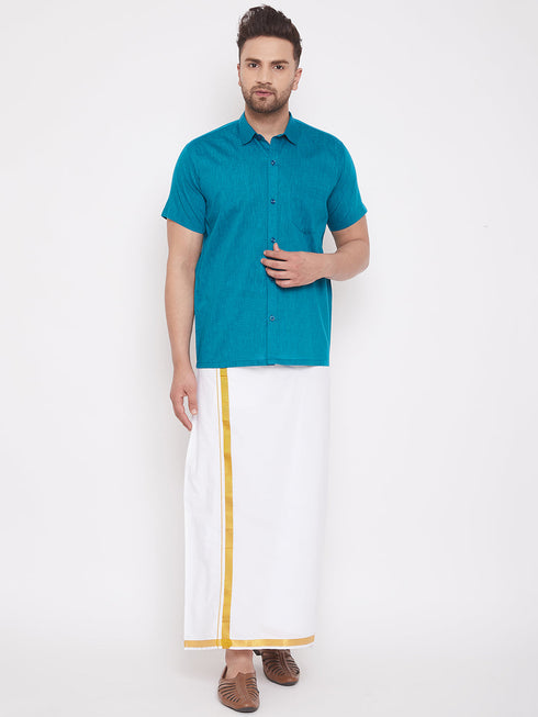Vastramay Men's Turquoise and White Cotton Blend Shirt And Mundu Set