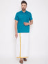 Vastramay Men's Turquoise and White Cotton Blend Shirt And Mundu Set