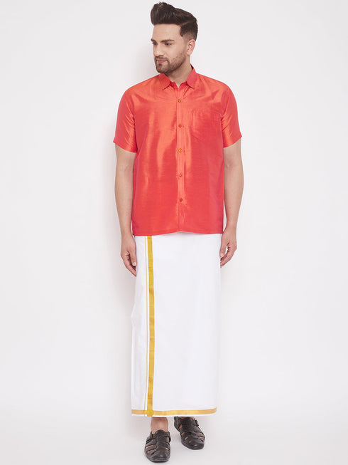 Vastramay Men's Red and White Silk Blend Shirt And Mundu Set
