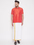 Vastramay Men's Red and White Silk Blend Shirt And Mundu Set