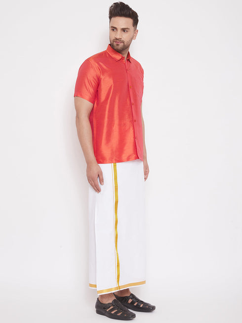 Vastramay Men's Red and White Silk Blend Shirt And Mundu Set