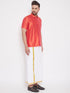 Vastramay Men's Red and White Silk Blend Shirt And Mundu Set